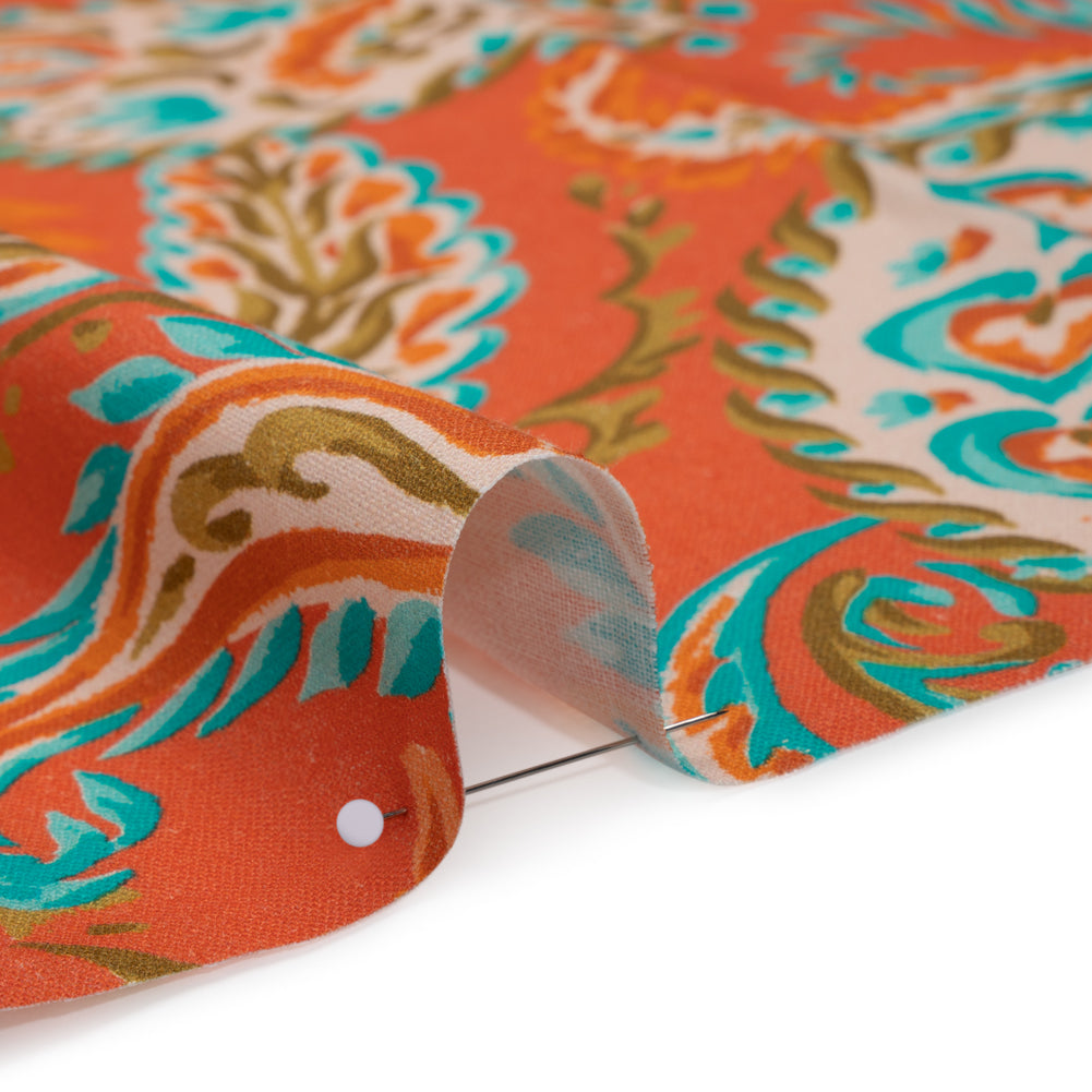 Linen and Rayon Woven - Coral Orange, Turquoise and Olive Green Paisley - Mood Exclusive Fiery Reverie Print Detail Linen and Rayon Woven - Coral Orange, Turquoise and Olive Green Paisley - Mood Exclusive Fiery Reverie Print Detail