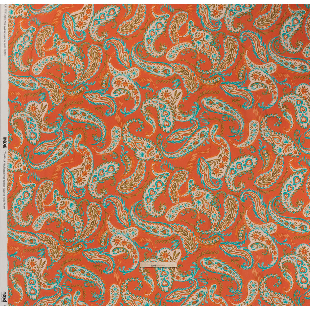 Linen and Rayon Woven - Coral Orange, Turquoise and Olive Green Paisley - Mood Exclusive Fiery Reverie Print - Full Linen and Rayon Woven - Coral Orange, Turquoise and Olive Green Paisley - Mood Exclusive Fiery Reverie Print - Full