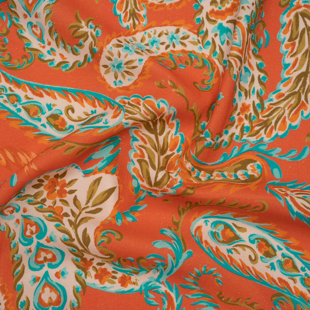 Linen and Rayon Woven - Coral Orange, Turquoise and Olive Green Paisley - Mood Exclusive Fiery Reverie Print Linen and Rayon Woven - Coral Orange, Turquoise and Olive Green Paisley - Mood Exclusive Fiery Reverie Print