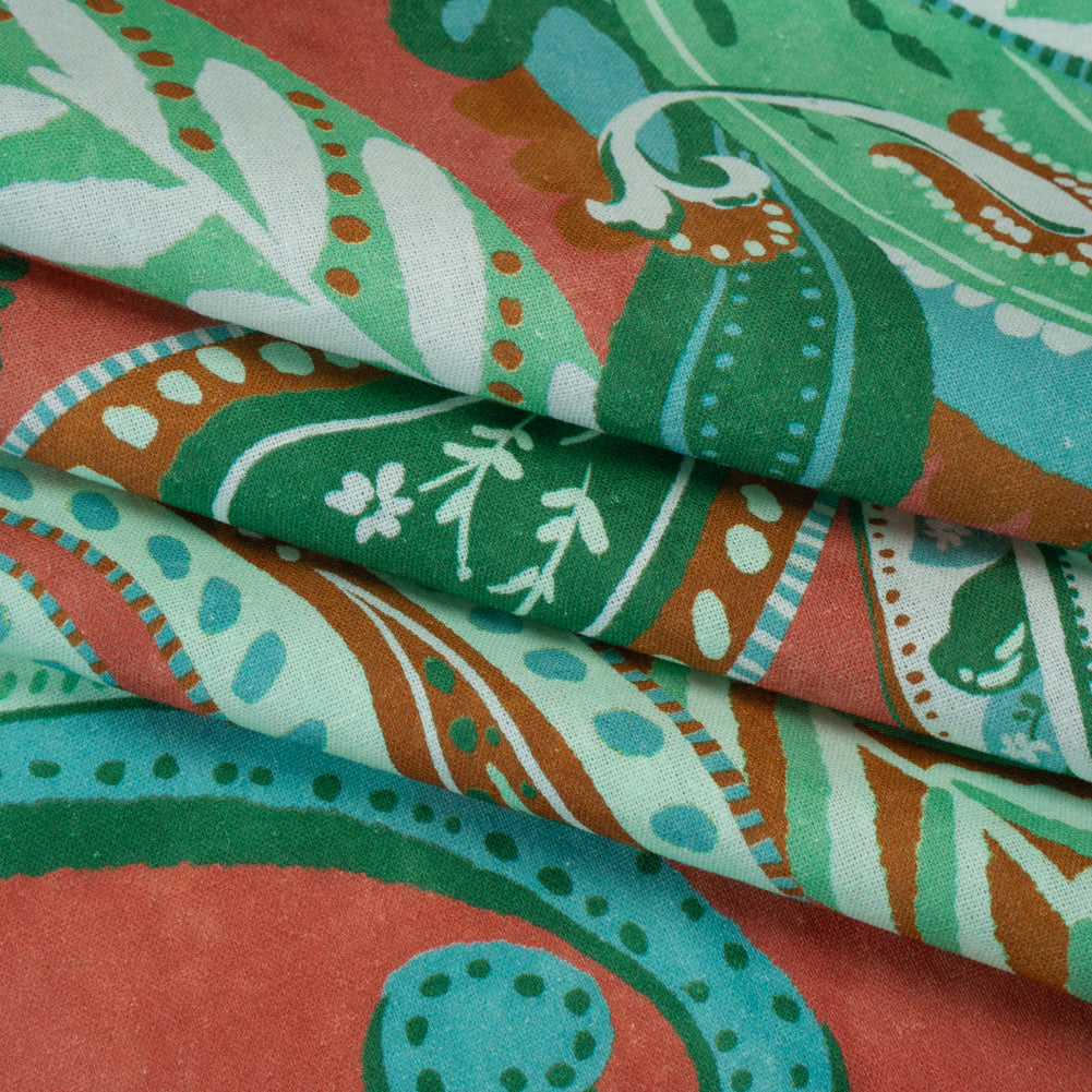 Linen and Rayon Woven - Green, Sky Blue and Ginger Spice Paisley - Mood Exclusive Sprightly Scrolls Print Folded Linen and Rayon Woven - Green, Sky Blue and Ginger Spice Paisley - Mood Exclusive Sprightly Scrolls Print Folded