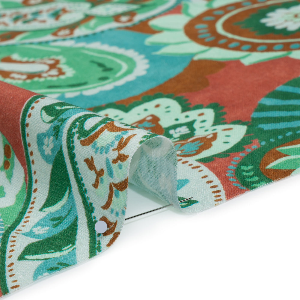 Linen and Rayon Woven - Green, Sky Blue and Ginger Spice Paisley - Mood Exclusive Sprightly Scrolls Print Detail Linen and Rayon Woven - Green, Sky Blue and Ginger Spice Paisley - Mood Exclusive Sprightly Scrolls Print Detail