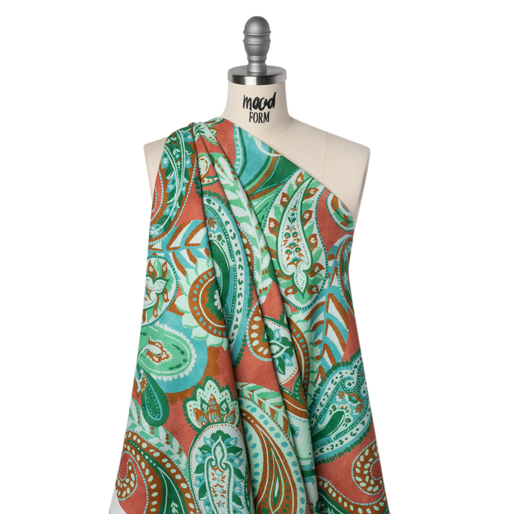 Linen and Rayon Woven - Green, Sky Blue and Ginger Spice Paisley - Mood Exclusive Sprightly Scrolls Print Drape Linen and Rayon Woven - Green, Sky Blue and Ginger Spice Paisley - Mood Exclusive Sprightly Scrolls Print Drape