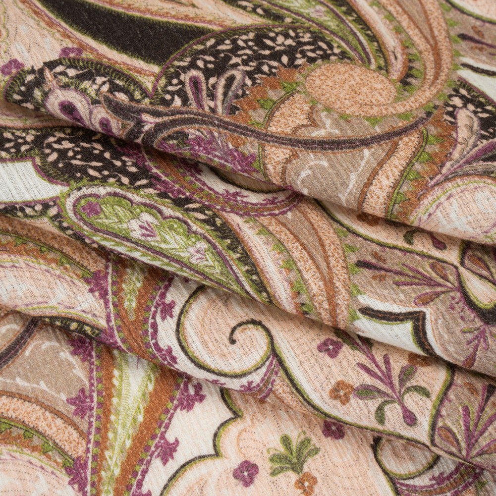 Slubbed Gauzy Cotton Woven - Pale Pink, Spring Green and Espresso Fanciful Paisleys - Mood Exclusive Mandala Motions Print Slubbed Gauzy Cotton Woven - Pale Pink, Spring Green and Espresso Fanciful Paisleys - Mood Exclusive Mandala Motions Print