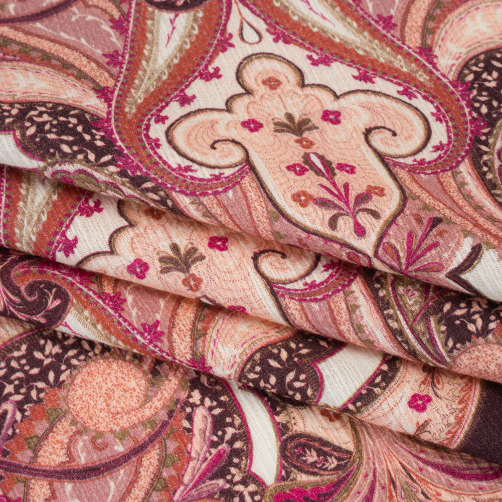 Slubbed Gauzy Cotton Woven - Pale Peach, Magenta and Dark Plum Fanciful Paisleys - Mood Exclusive Mandala Motions Print Slubbed Gauzy Cotton Woven - Pale Peach, Magenta and Dark Plum Fanciful Paisleys - Mood Exclusive Mandala Motions Print