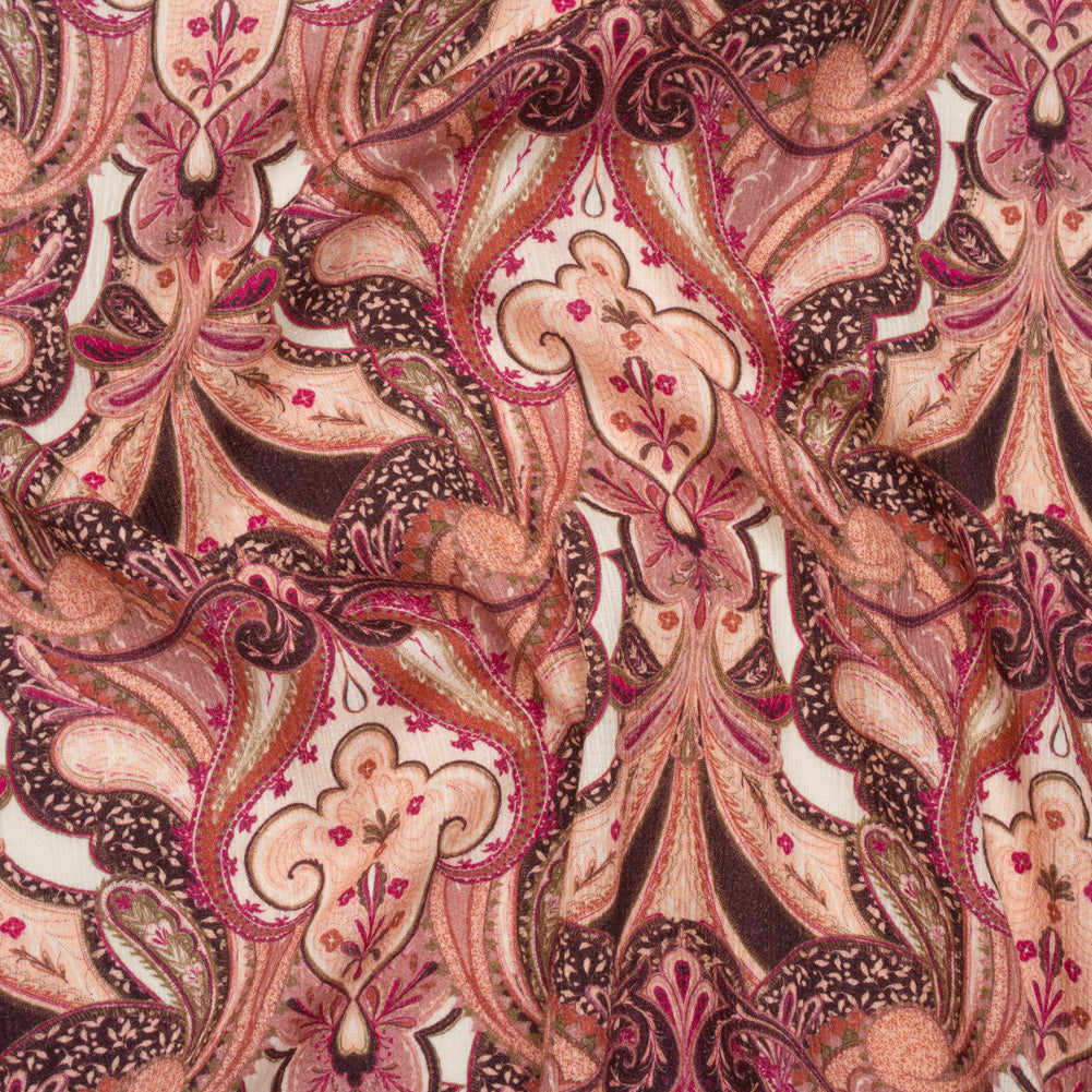 Slubbed Gauzy Cotton Woven - Pale Peach, Magenta and Dark Plum Fanciful Paisleys - Mood Exclusive Mandala Motions Print Slubbed Gauzy Cotton Woven - Pale Peach, Magenta and Dark Plum Fanciful Paisleys - Mood Exclusive Mandala Motions Print