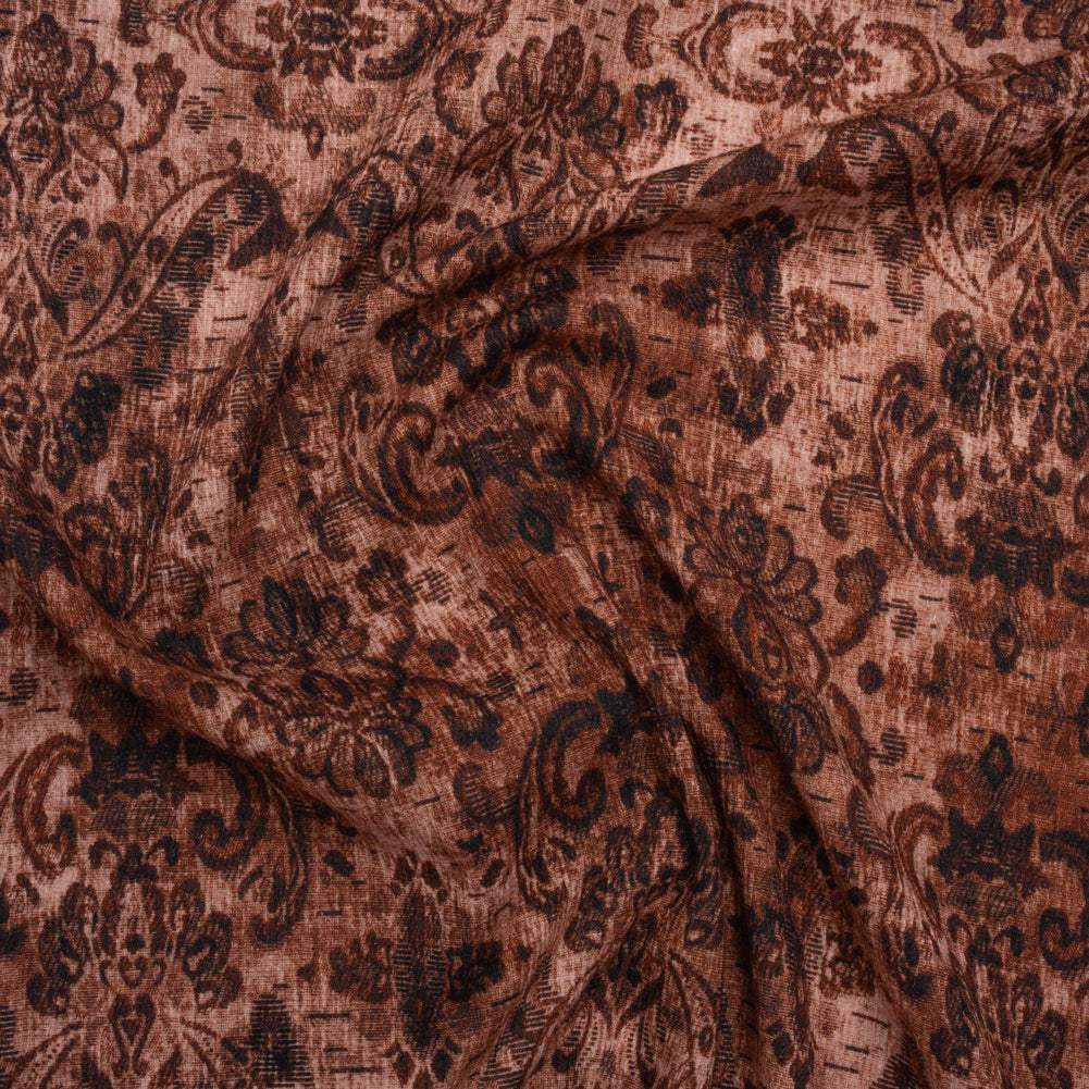 Slubbed Gauzy Cotton Woven - Rust and Burgundy Distressed Floral Damask - Mood Exclusive Reflecting Revelations Print Slubbed Gauzy Cotton Woven - Rust and Burgundy Distressed Floral Damask - Mood Exclusive Reflecting Revelations Print