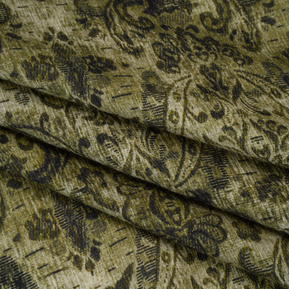 Slubbed Gauzy Cotton Woven - Olive and Dark Green Distressed Floral Damask - Mood Exclusive Reflecting Revelations Print Slubbed Gauzy Cotton Woven - Olive and Dark Green Distressed Floral Damask - Mood Exclusive Reflecting Revelations Print