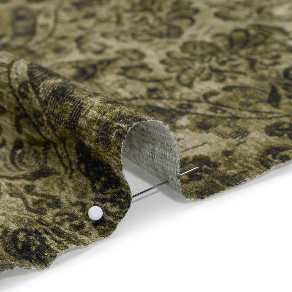 Slubbed Gauzy Cotton Woven - Olive and Dark Green Distressed Floral Damask - Mood Exclusive Reflecting Revelations Print Slubbed Gauzy Cotton Woven - Olive and Dark Green Distressed Floral Damask - Mood Exclusive Reflecting Revelations Print