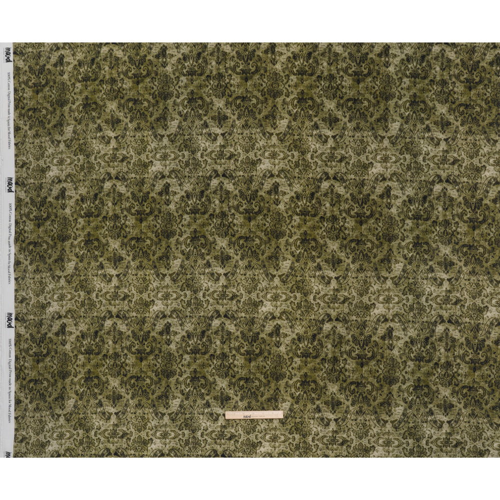 Slubbed Gauzy Cotton Woven - Olive and Dark Green Distressed Floral Damask - Mood Exclusive Reflecting Revelations Print Slubbed Gauzy Cotton Woven - Olive and Dark Green Distressed Floral Damask - Mood Exclusive Reflecting Revelations Print