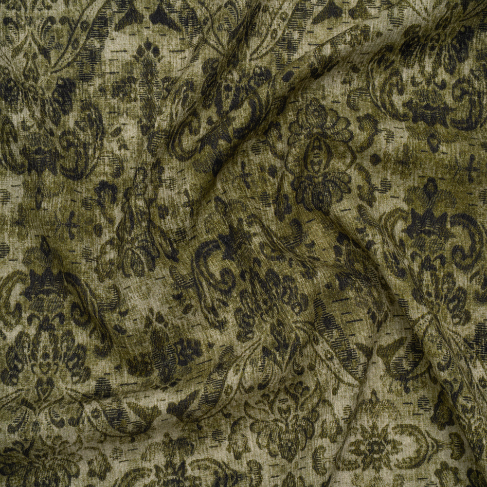 Slubbed Gauzy Cotton Woven - Olive and Dark Green Distressed Floral Damask - Mood Exclusive Reflecting Revelations Print Slubbed Gauzy Cotton Woven - Olive and Dark Green Distressed Floral Damask - Mood Exclusive Reflecting Revelations Print