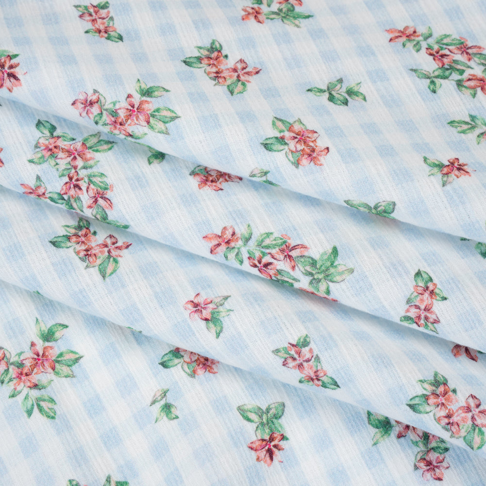 Slubbed Gauzy Cotton Woven - Pink and Green Flowers on Sky Blue Gingham - Mood Exclusive Picnic Petals Print Slubbed Gauzy Cotton Woven - Pink and Green Flowers on Sky Blue Gingham - Mood Exclusive Picnic Petals Print