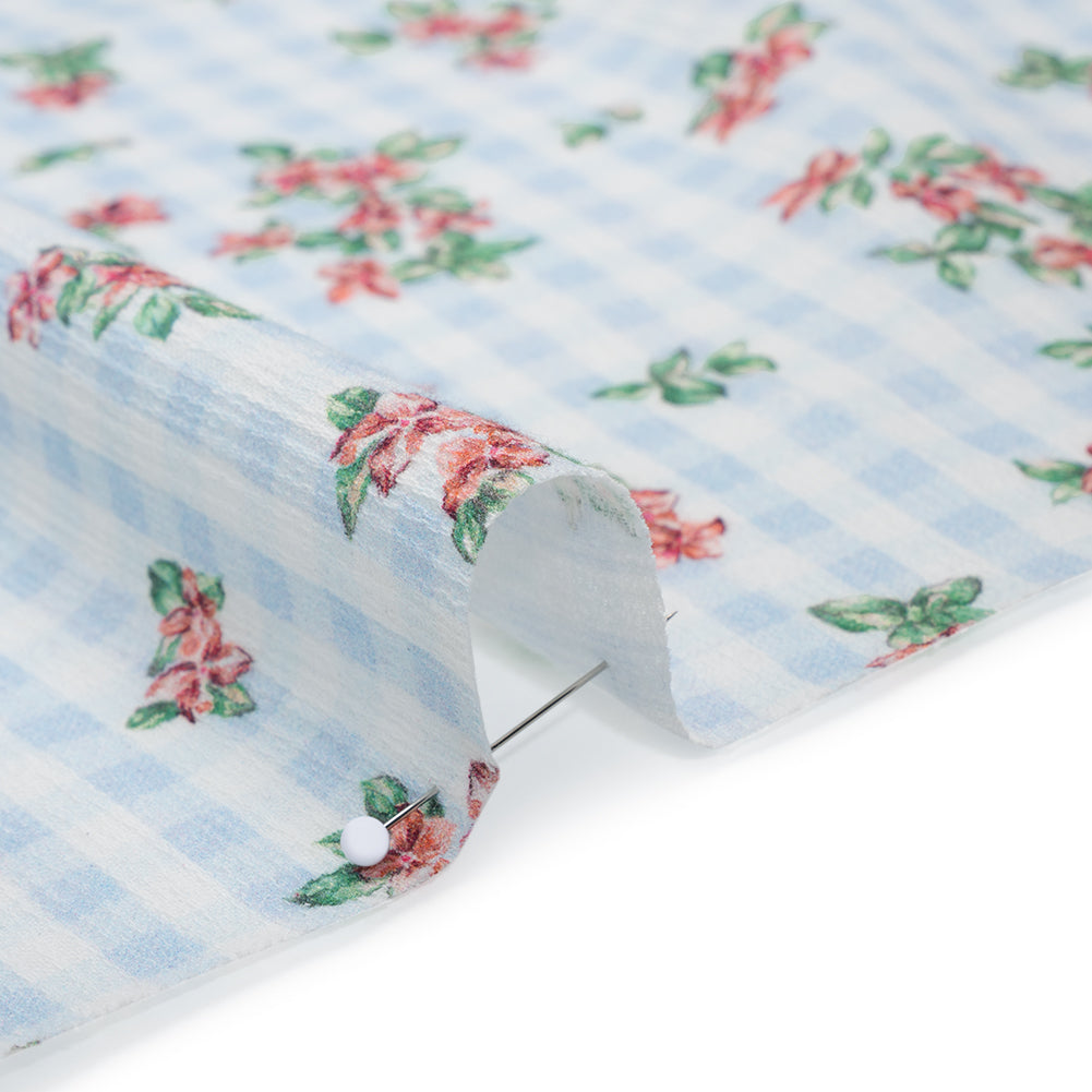Slubbed Gauzy Cotton Woven - Pink and Green Flowers on Sky Blue Gingham - Mood Exclusive Picnic Petals Print Slubbed Gauzy Cotton Woven - Pink and Green Flowers on Sky Blue Gingham - Mood Exclusive Picnic Petals Print