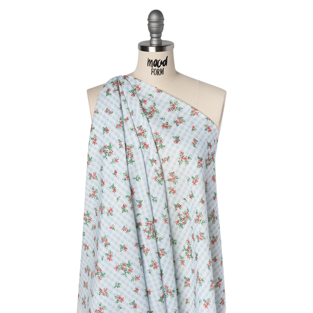 Slubbed Gauzy Cotton Woven - Pink and Green Flowers on Sky Blue Gingham - Mood Exclusive Picnic Petals Print Slubbed Gauzy Cotton Woven - Pink and Green Flowers on Sky Blue Gingham - Mood Exclusive Picnic Petals Print