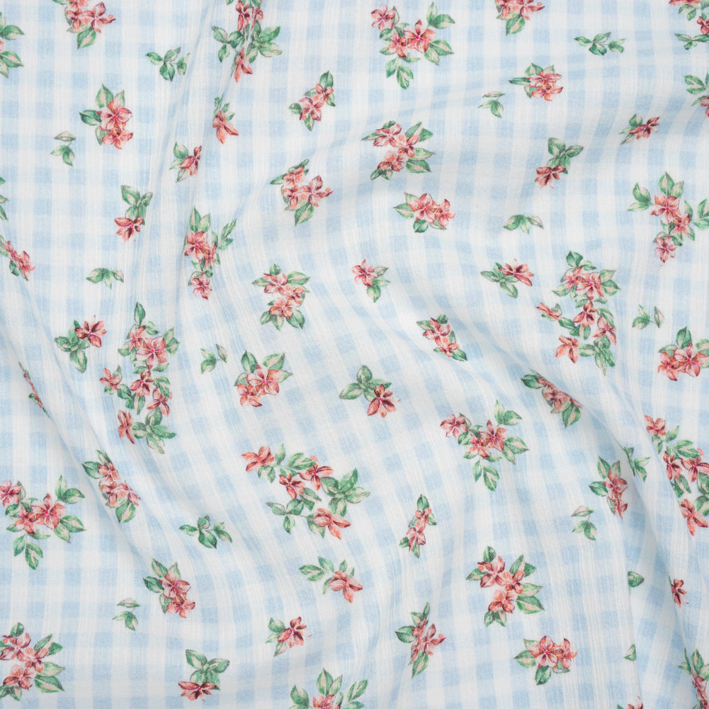 Slubbed Gauzy Cotton Woven - Pink and Green Flowers on Sky Blue Gingham - Mood Exclusive Picnic Petals Print Slubbed Gauzy Cotton Woven - Pink and Green Flowers on Sky Blue Gingham - Mood Exclusive Picnic Petals Print