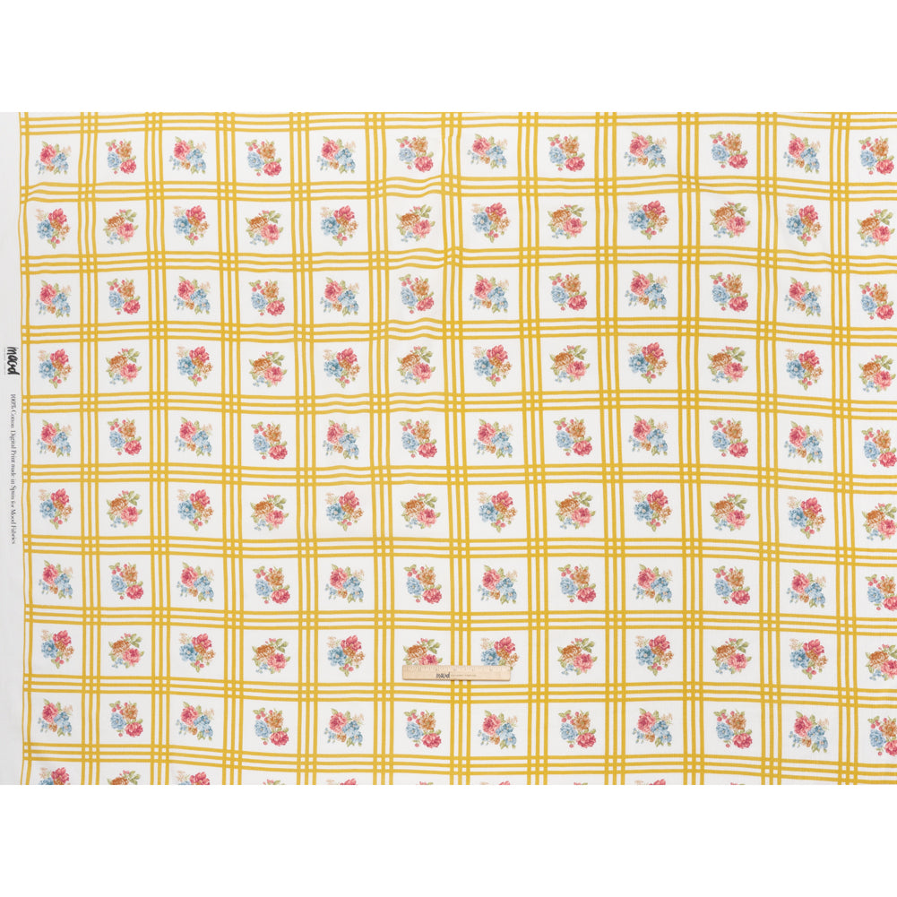 Slubbed Gauzy Cotton Woven - Yellow Ochre, Red and Blue Check with Flower Bouquets - Mood Exclusive Banquet Bouquet Print Slubbed Gauzy Cotton Woven - Yellow Ochre, Red and Blue Check with Flower Bouquets - Mood Exclusive Banquet Bouquet Print