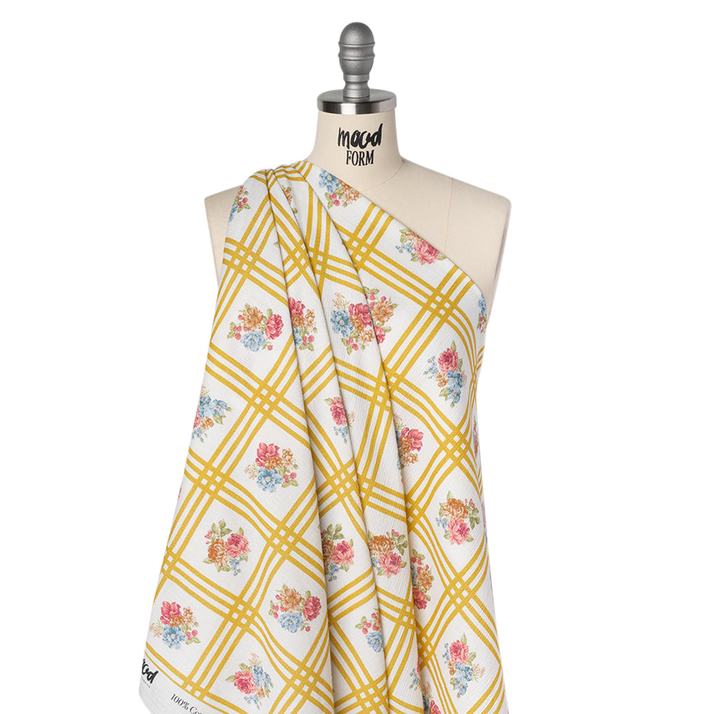 Slubbed Gauzy Cotton Woven - Yellow Ochre, Red and Blue Check with Flower Bouquets - Mood Exclusive Banquet Bouquet Print Slubbed Gauzy Cotton Woven - Yellow Ochre, Red and Blue Check with Flower Bouquets - Mood Exclusive Banquet Bouquet Print