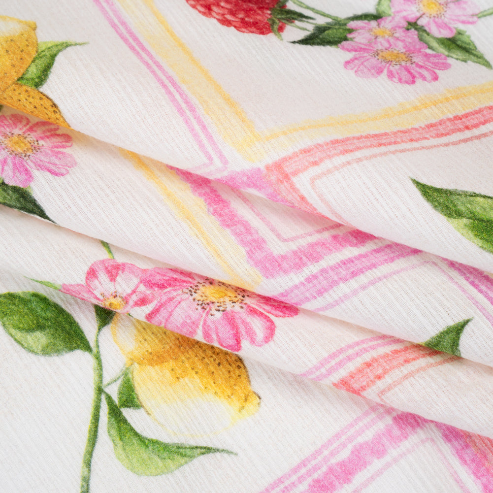 Slubbed Gauzy Cotton Woven - Pink, Red and Yellow Fruit and Flowers in Frames - Mood Exclusive Summer Medley Print Slubbed Gauzy Cotton Woven - Pink, Red and Yellow Fruit and Flowers in Frames - Mood Exclusive Summer Medley Print
