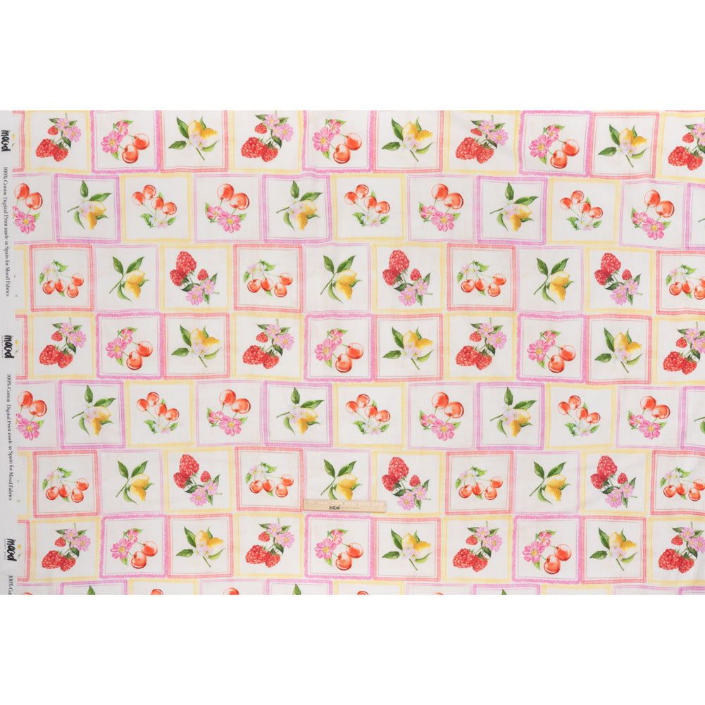 Slubbed Gauzy Cotton Woven - Pink, Red and Yellow Fruit and Flowers in Frames - Mood Exclusive Summer Medley Print Slubbed Gauzy Cotton Woven - Pink, Red and Yellow Fruit and Flowers in Frames - Mood Exclusive Summer Medley Print