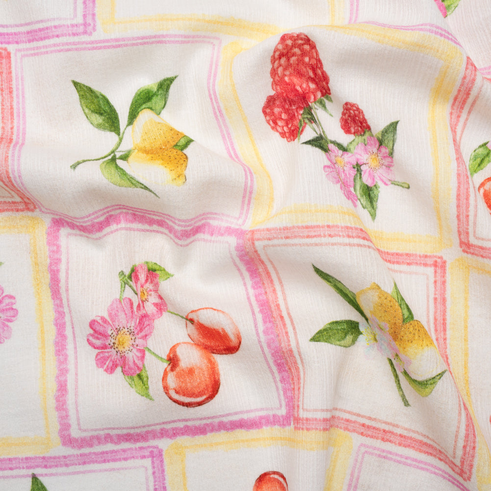 Slubbed Gauzy Cotton Woven - Pink, Red and Yellow Fruit and Flowers in Frames - Mood Exclusive Summer Medley Print Slubbed Gauzy Cotton Woven - Pink, Red and Yellow Fruit and Flowers in Frames - Mood Exclusive Summer Medley Print