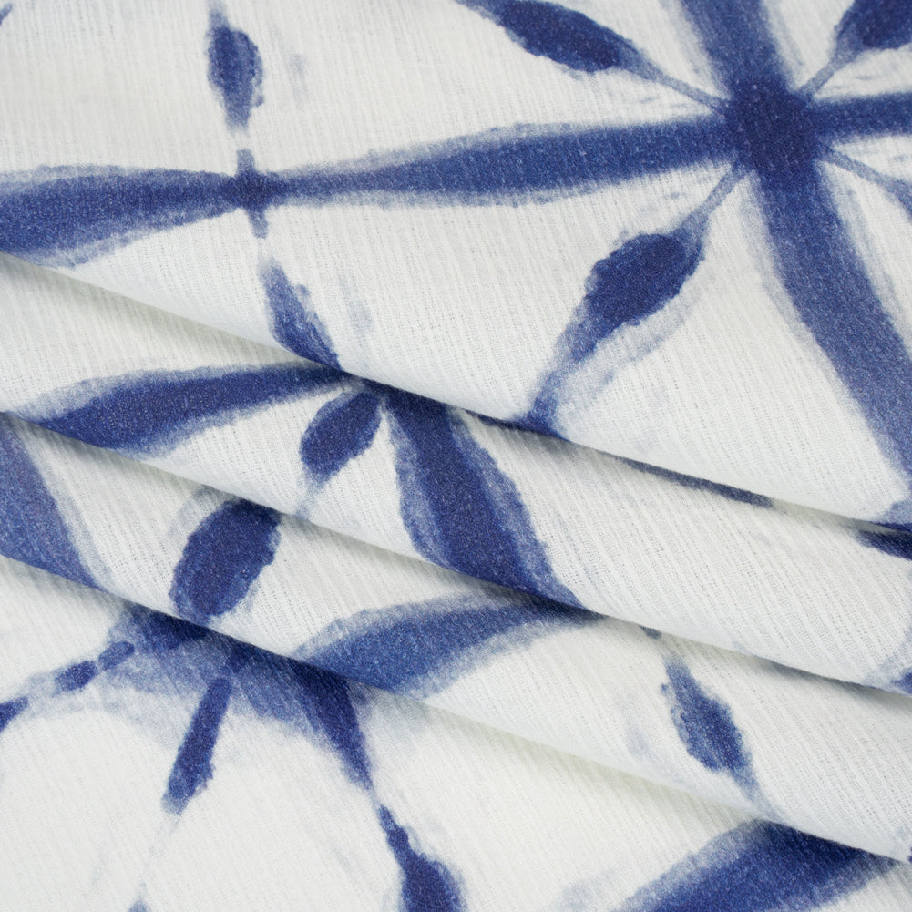 Slubbed Gauzy Cotton Woven - Indigo Blue and White Tie Dye Geometric Shibori - Mood Exclusive Tie Dye Tiles Print Slubbed Gauzy Cotton Woven - Indigo Blue and White Tie Dye Geometric Shibori - Mood Exclusive Tie Dye Tiles Print