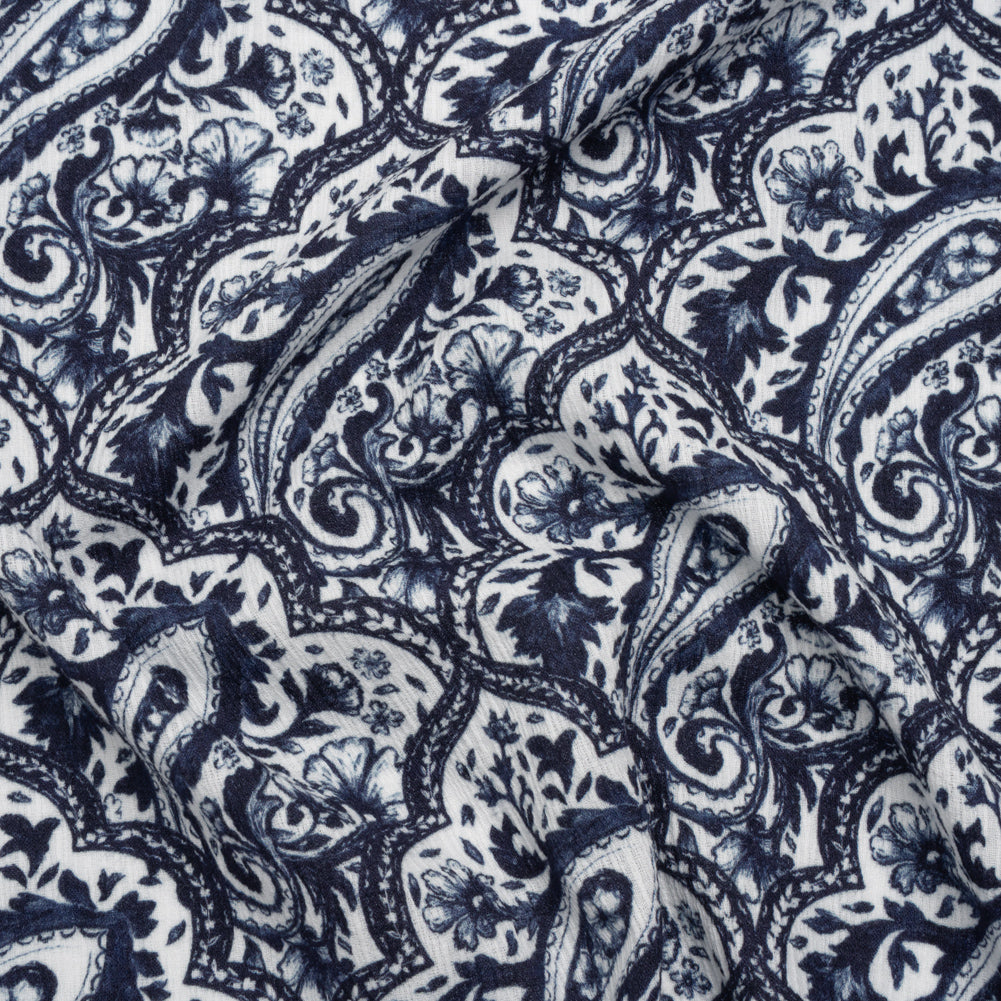 Slubbed Gauzy Cotton Woven - Navy Blue and White Paisley - Mood Exclusive Mediterranean Medley Print Slubbed Gauzy Cotton Woven - Navy Blue and White Paisley - Mood Exclusive Mediterranean Medley Print