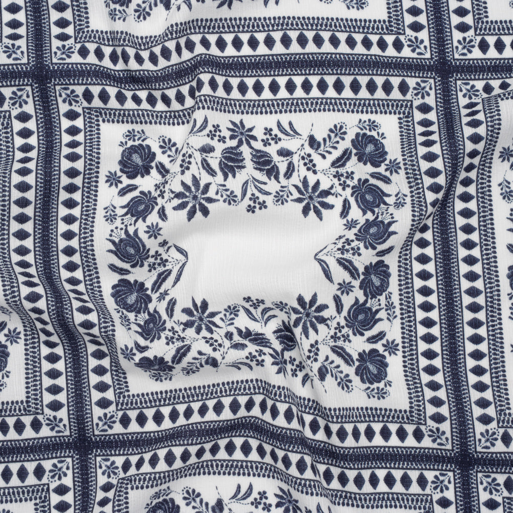 Slubbed Gauzy Cotton Woven - White and Navy Blue Floral Embroidery Squares - Mood Exclusive Porcelain Petals Print Slubbed Gauzy Cotton Woven - White and Navy Blue Floral Embroidery Squares - Mood Exclusive Porcelain Petals Print