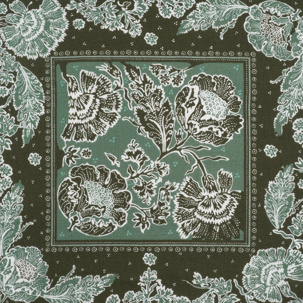 Slubbed Gauzy Cotton Woven - Dark Olive Green and Muted Teal Floral Handkerchief Panel - Mood Exclusive Needlepoint Picnic Print Slubbed Gauzy Cotton Woven - Dark Olive Green and Muted Teal Floral Handkerchief Panel - Mood Exclusive Needlepoint Picnic Print