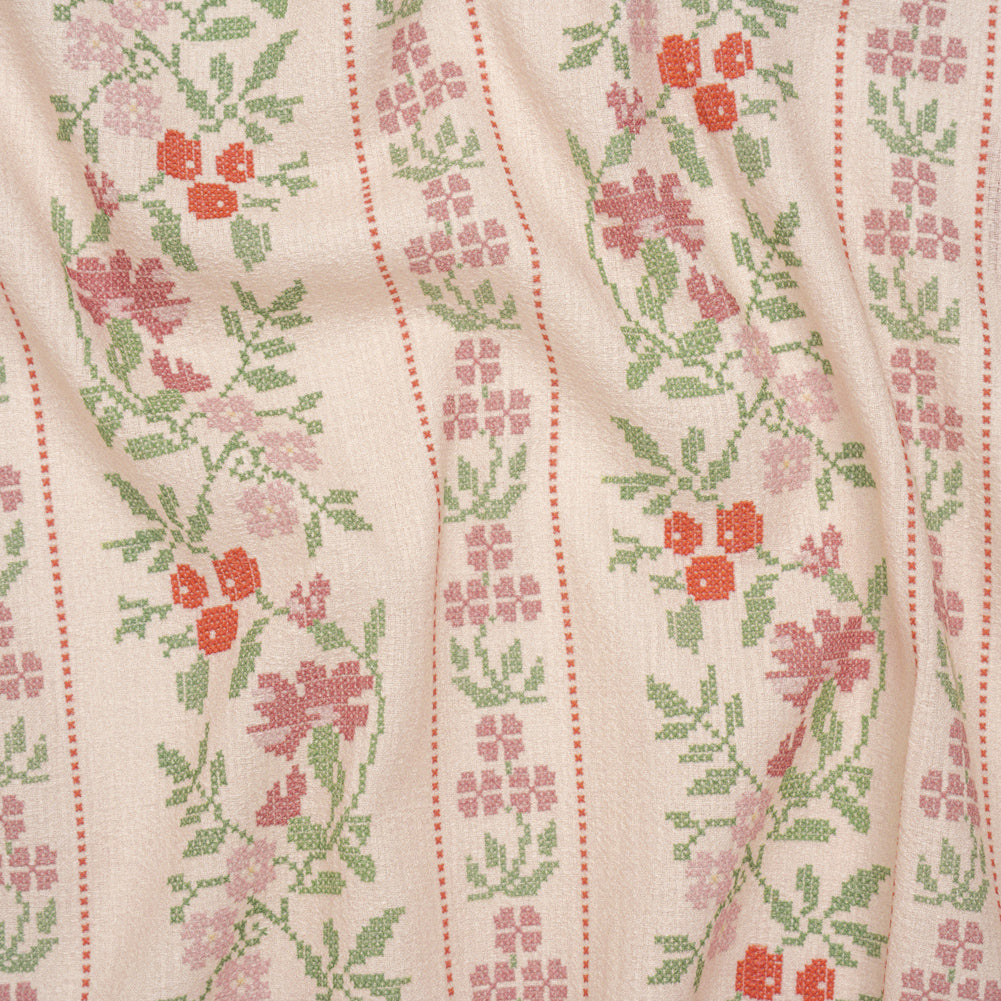 Slubbed Gauzy Cotton Woven - Pale Peach, Pink and Green Cross Stitch Berries and Flowers Stripes - Mood Exclusive Needlepoint Petals Print Slubbed Gauzy Cotton Woven - Pale Peach, Pink and Green Cross Stitch Berries and Flowers Stripes - Mood Exclusive Needlepoint Petals Print