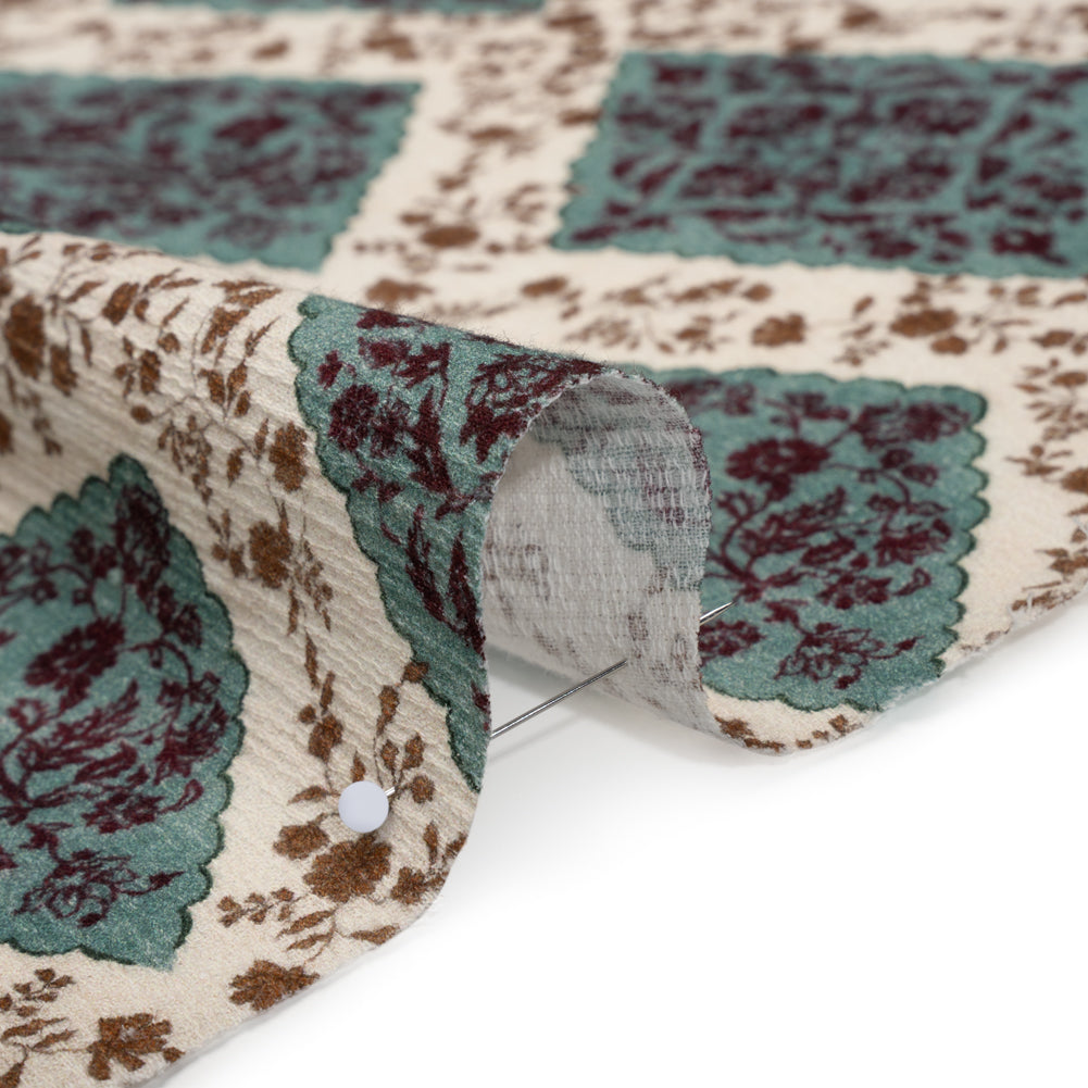 Slubbed Gauzy Cotton Woven - Cream, Dusty Teal and Burgundy Floral Diamonds - Mood Exclusive Garden Grid Print Slubbed Gauzy Cotton Woven - Cream, Dusty Teal and Burgundy Floral Diamonds - Mood Exclusive Garden Grid Print