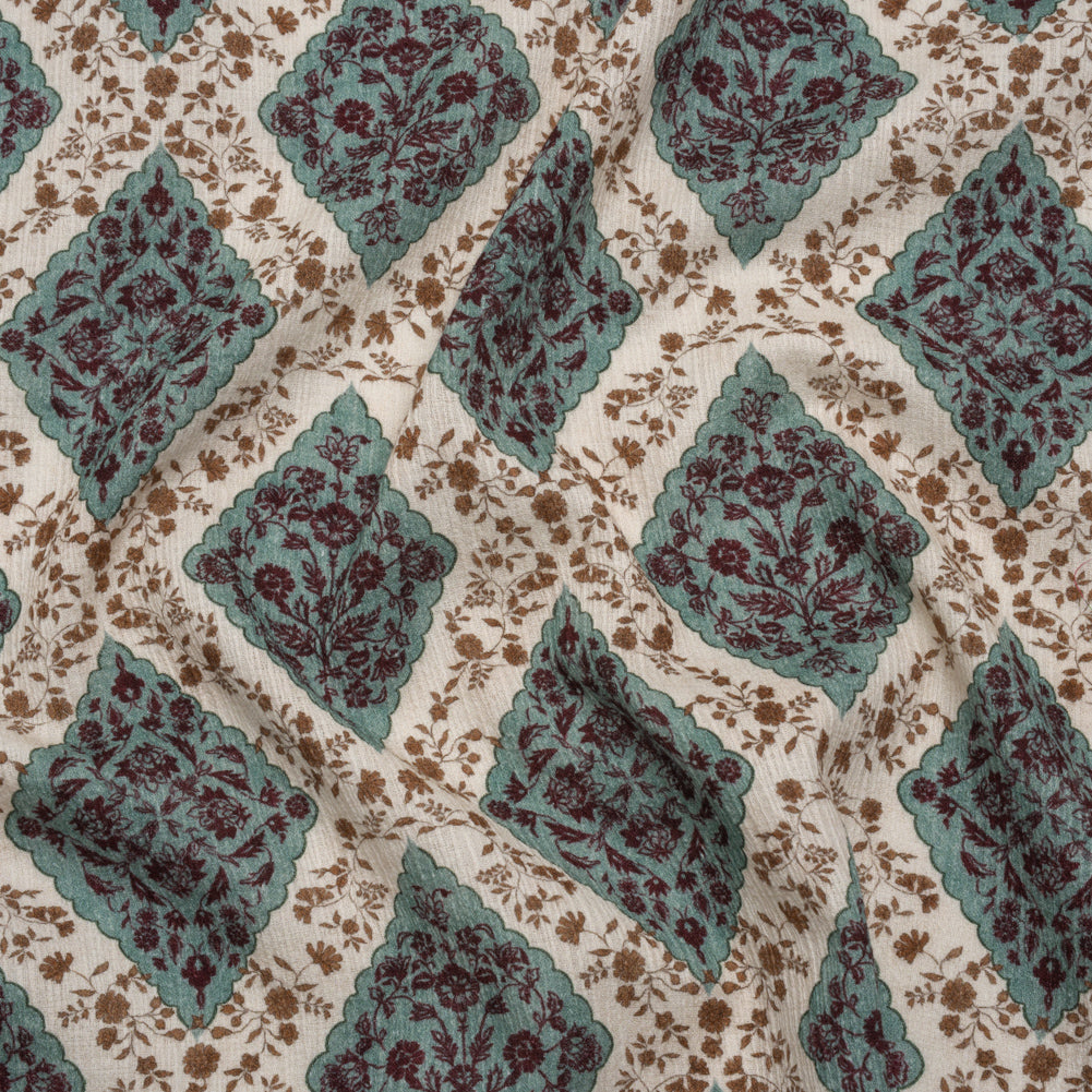Slubbed Gauzy Cotton Woven - Cream, Dusty Teal and Burgundy Floral Diamonds - Mood Exclusive Garden Grid Print Slubbed Gauzy Cotton Woven - Cream, Dusty Teal and Burgundy Floral Diamonds - Mood Exclusive Garden Grid Print