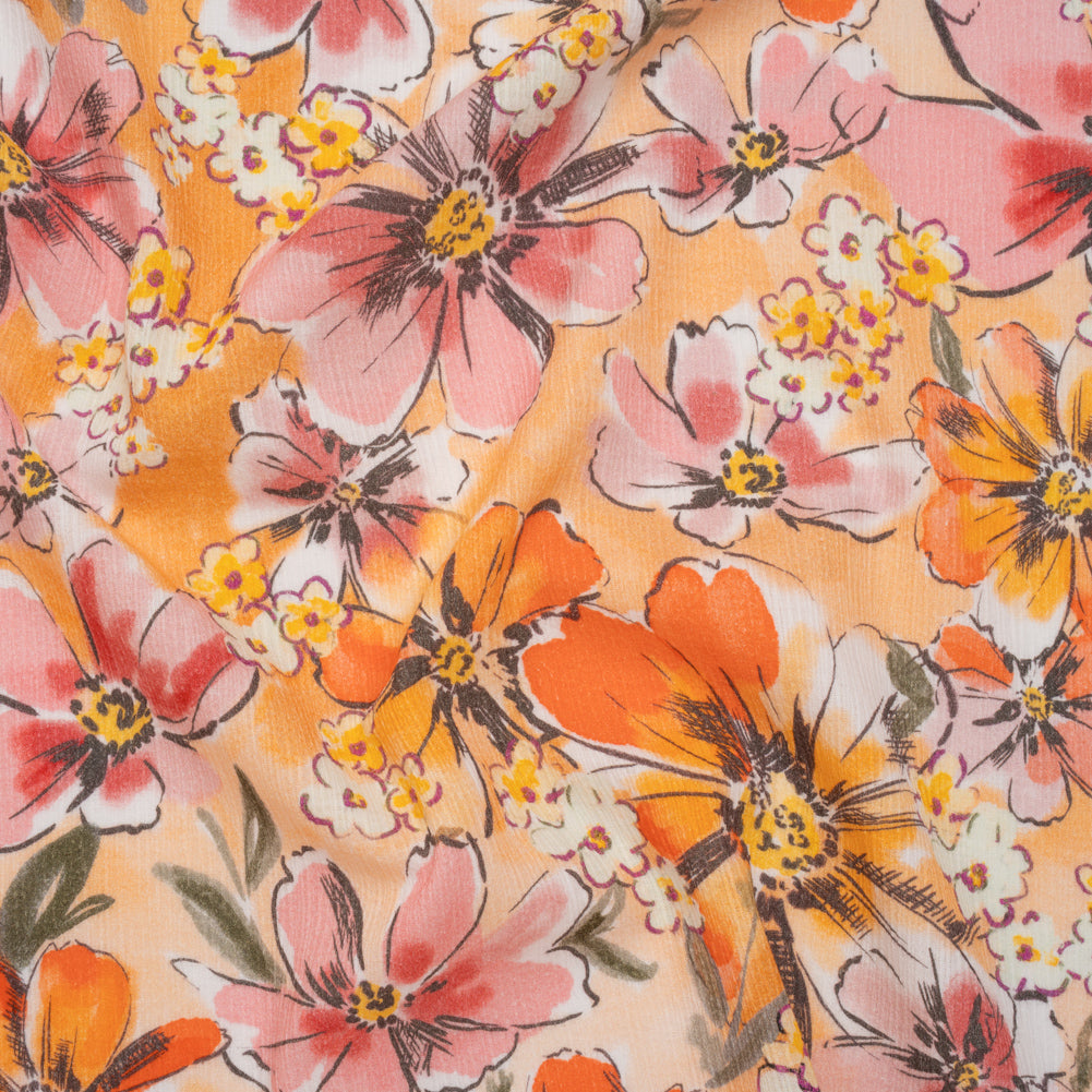 Slubbed Gauzy Cotton Woven - Light Pink, Creamsicle and Sun Yellow Floral - Mood Exclusive Hibiscus Heatwave Print Slubbed Gauzy Cotton Woven - Light Pink, Creamsicle and Sun Yellow Floral - Mood Exclusive Hibiscus Heatwave Print