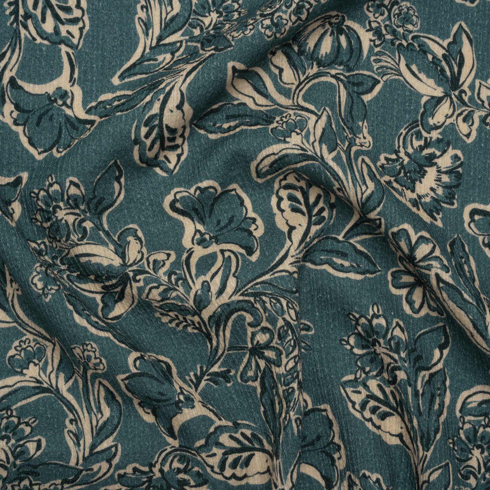 Slubbed Gauzy Cotton Woven - Sea Blue, Cream and Black Floral - Mood Exclusive Cottage Crawl Print Slubbed Gauzy Cotton Woven - Sea Blue, Cream and Black Floral - Mood Exclusive Cottage Crawl Print