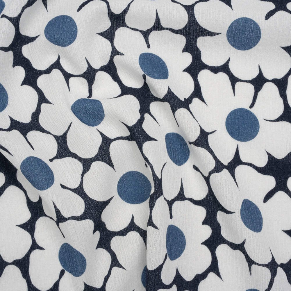Slubbed Gauzy Cotton Woven - Navy, Blue and White Retro Daisies - Mood Exclusive Dancing Daisies Print Slubbed Gauzy Cotton Woven - Navy, Blue and White Retro Daisies - Mood Exclusive Dancing Daisies Print
