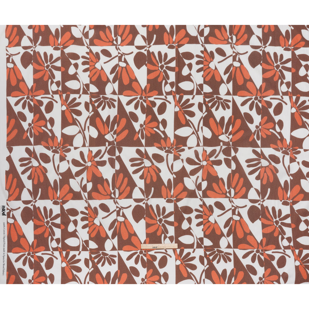 Slubbed Gauzy Cotton Woven - Brown, Coral and White Retro Geometric Patchwork and Flowers - Mood Exclusive Graphic Garden Print Slubbed Gauzy Cotton Woven - Brown, Coral and White Retro Geometric Patchwork and Flowers - Mood Exclusive Graphic Garden Print