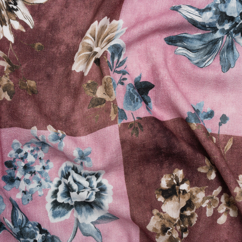 Slubbed Gauzy Cotton Woven - Rose, Brown and Blue Big Floral Checkerboard - Mood Exclusive Checkerbloom Print Slubbed Gauzy Cotton Woven - Rose, Brown and Blue Big Floral Checkerboard - Mood Exclusive Checkerbloom Print