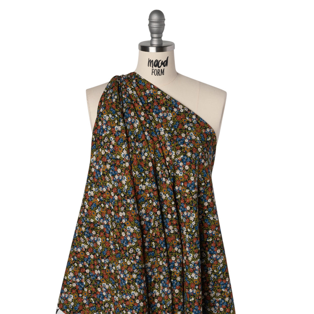 Slubbed Gauzy Cotton Woven - Dark Red, Blue and Leaf Green All-Over Floral - Mood Exclusive Fete des Fleurs Print Slubbed Gauzy Cotton Woven - Dark Red, Blue and Leaf Green All-Over Floral - Mood Exclusive Fete des Fleurs Print