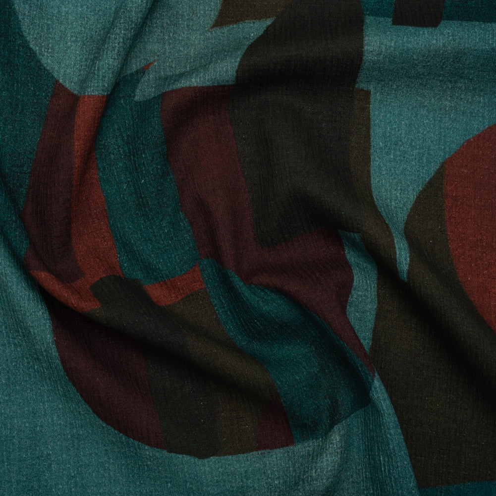 Slubbed Gauzy Cotton Woven - Teal, Burgundy and Olive Brown Geometric Abstract - Mood Exclusive Broken Symmetry Print Slubbed Gauzy Cotton Woven - Teal, Burgundy and Olive Brown Geometric Abstract - Mood Exclusive Broken Symmetry Print