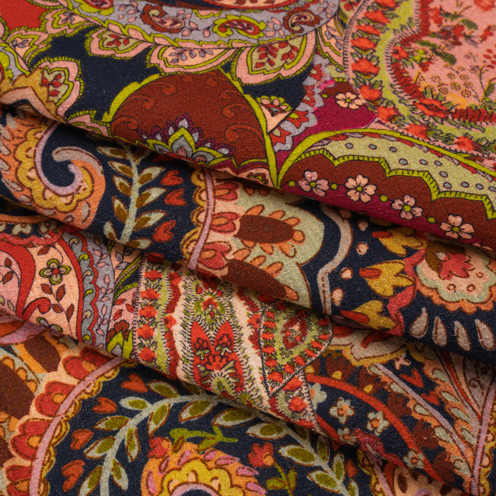Slubbed Gauzy Cotton Woven - Lime Green, Navy Blue and Pink Paisley - Mood Exclusive Painted Paisley Print Slubbed Gauzy Cotton Woven - Lime Green, Navy Blue and Pink Paisley - Mood Exclusive Painted Paisley Print