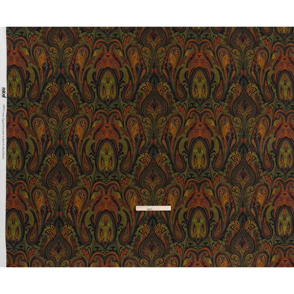 Slubbed Gauzy Cotton Woven - Forest Green, Burnt Orange and Yellow Ochre Paisley - Mood Exclusive Secret Garden Scrolls Print Slubbed Gauzy Cotton Woven - Forest Green, Burnt Orange and Yellow Ochre Paisley - Mood Exclusive Secret Garden Scrolls Print