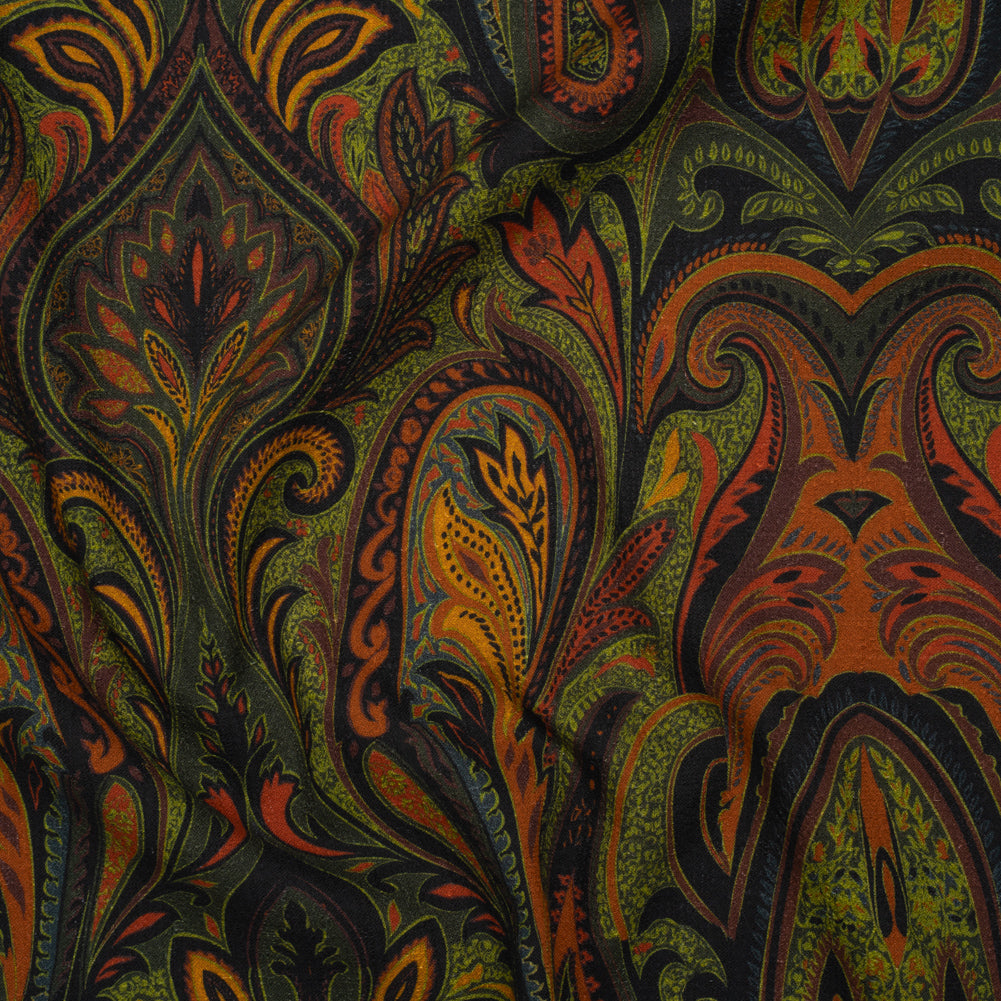 Slubbed Gauzy Cotton Woven - Forest Green, Burnt Orange and Yellow Ochre Paisley - Mood Exclusive Secret Garden Scrolls Print Slubbed Gauzy Cotton Woven - Forest Green, Burnt Orange and Yellow Ochre Paisley - Mood Exclusive Secret Garden Scrolls Print