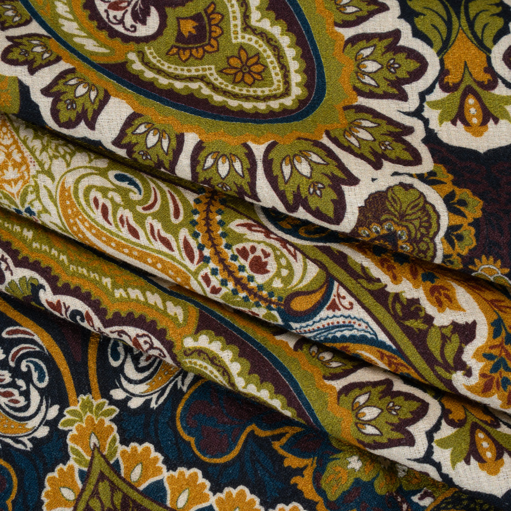 Slubbed Gauzy Cotton Woven - Blue, Kiwi Green and Goldenrod Paisley - Mood Exclusive Woodland Whispers Print Slubbed Gauzy Cotton Woven - Blue, Kiwi Green and Goldenrod Paisley - Mood Exclusive Woodland Whispers Print