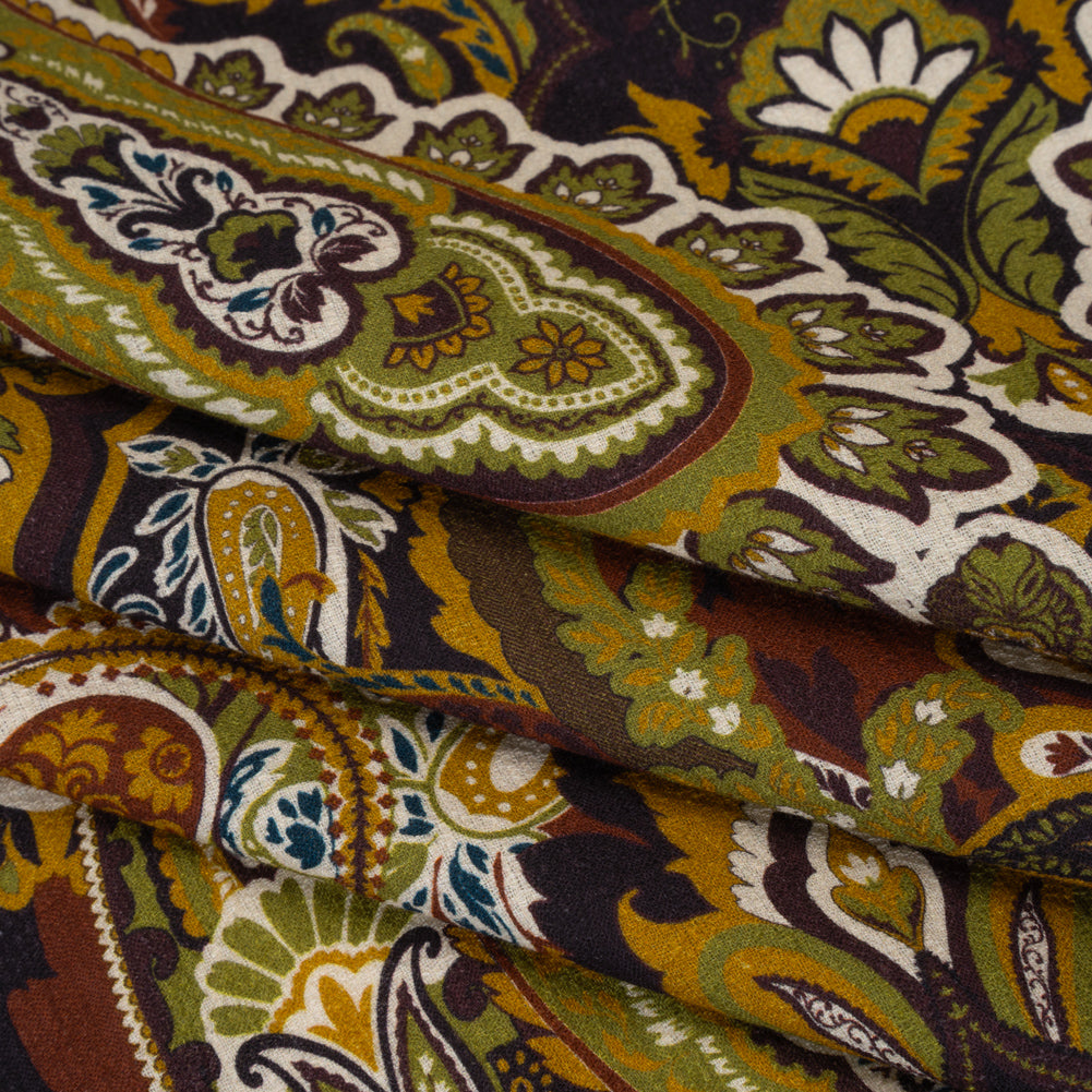 Slubbed Gauzy Cotton Woven - Dark Purple, Kiwi Green and Goldenrod Paisley - Mood Exclusive Woodland Whispers Print Slubbed Gauzy Cotton Woven - Dark Purple, Kiwi Green and Goldenrod Paisley - Mood Exclusive Woodland Whispers Print
