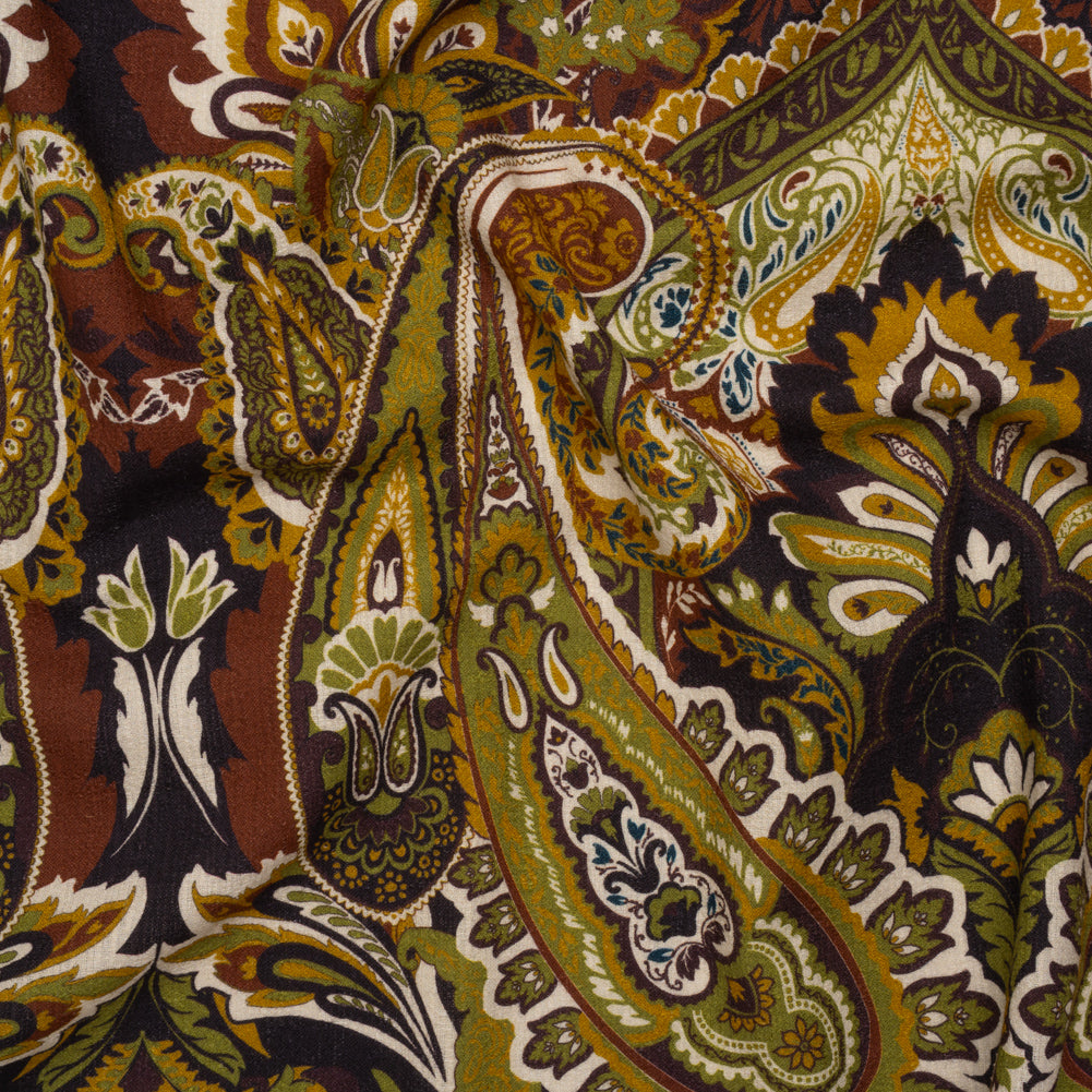 Slubbed Gauzy Cotton Woven - Dark Purple, Kiwi Green and Goldenrod Paisley - Mood Exclusive Woodland Whispers Print Slubbed Gauzy Cotton Woven - Dark Purple, Kiwi Green and Goldenrod Paisley - Mood Exclusive Woodland Whispers Print