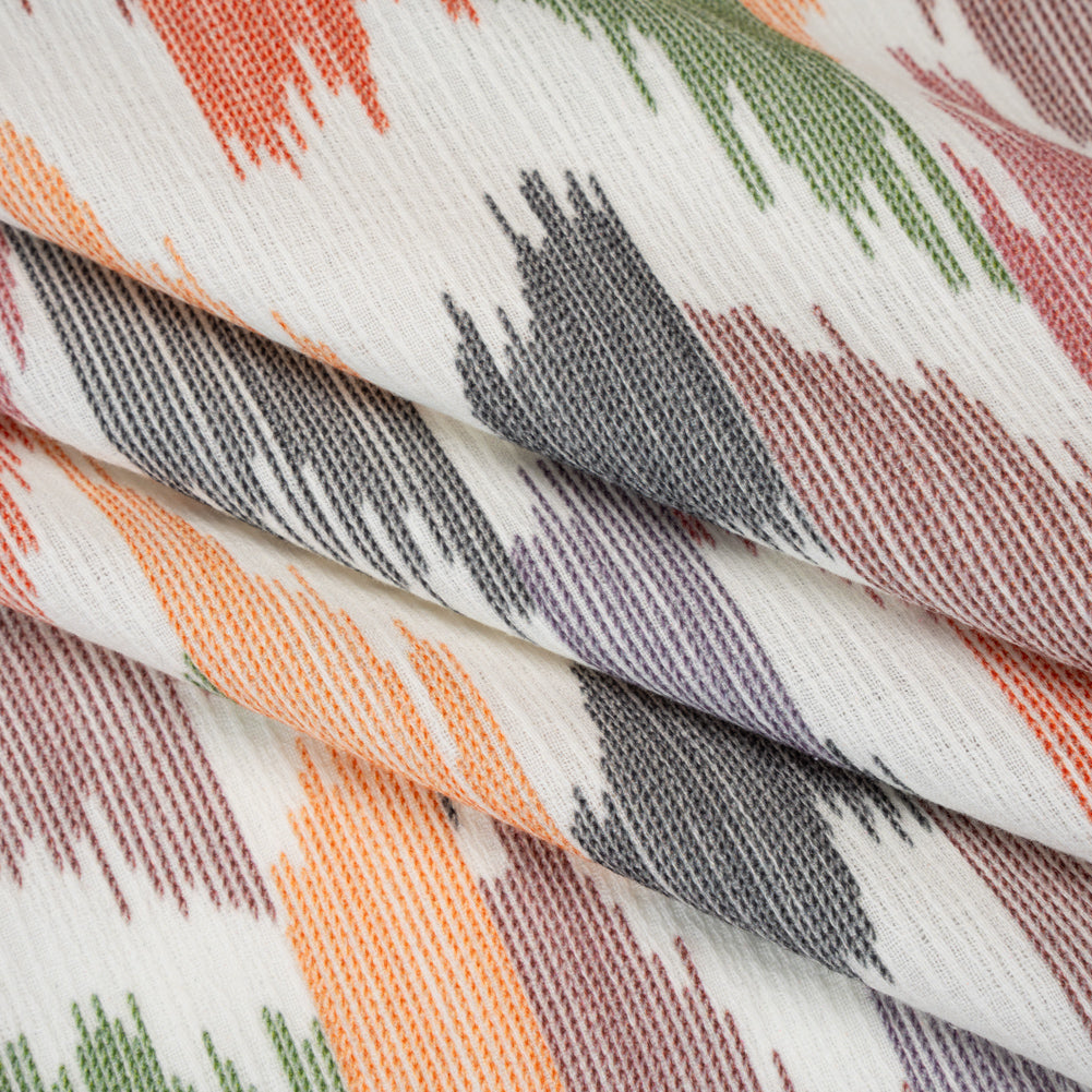 Slubbed Gauzy Cotton Woven - Dark Red, Navy, Orange and Green Abstract Ikat Stitches - Mood Exclusive Soundwave Stitches Print Slubbed Gauzy Cotton Woven - Dark Red, Navy, Orange and Green Abstract Ikat Stitches - Mood Exclusive Soundwave Stitches Print