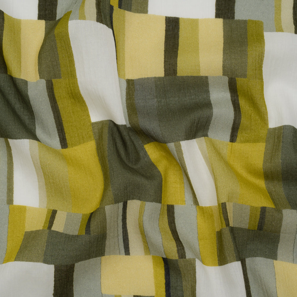 Crinkled Cotton Gauzy Woven - Golden Olive, Light Yellow and Dark Olive Green Blocks - Mood Exclusive Geode Geometry Print Crinkled Cotton Gauzy Woven - Golden Olive, Light Yellow and Dark Olive Green Blocks - Mood Exclusive Geode Geometry Print
