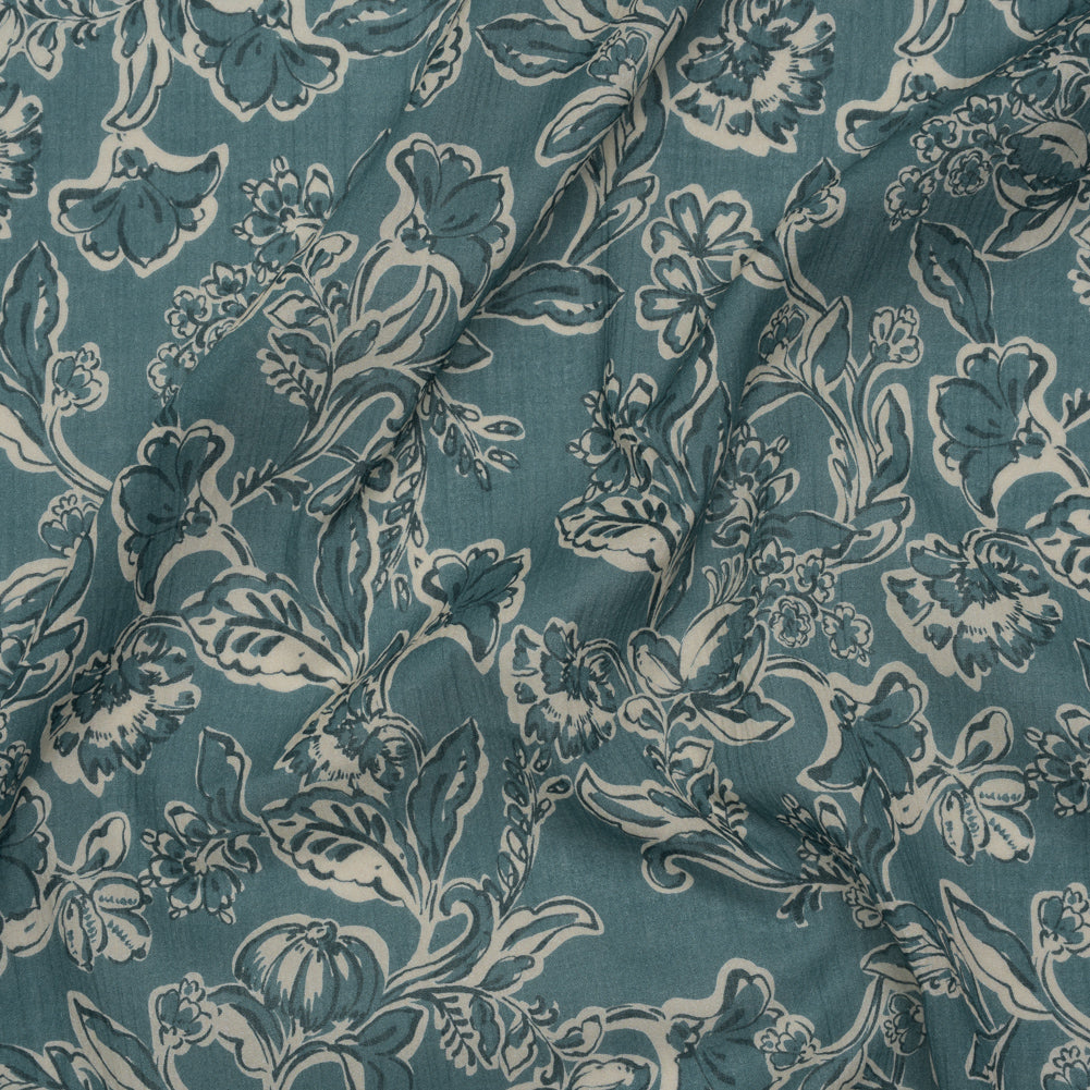 Crinkled Cotton Gauzy Woven - Sea Blue, Cream and Black Floral - Mood Exclusive Cottage Crawl Print Crinkled Cotton Gauzy Woven - Sea Blue, Cream and Black Floral - Mood Exclusive Cottage Crawl Print