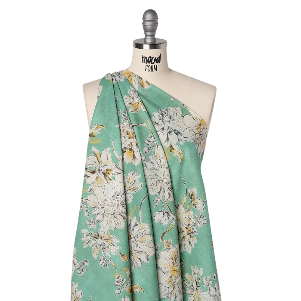 Crinkled Cotton Gauzy Woven - Mint Green, Golden Yellow and Off White Floral - Mood Exclusive Color Me Chrysanthemum Print Drape Crinkled Cotton Gauzy Woven - Mint Green, Golden Yellow and Off White Floral - Mood Exclusive Color Me Chrysanthemum Print Drape