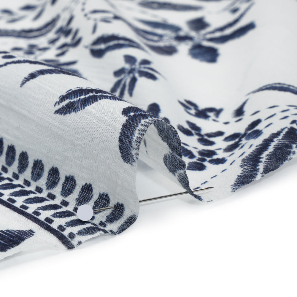 Crinkled Cotton Gauzy Woven Panel - White and Navy Blue Big Floral Embroidery Squares - Mood Exclusive Porcelain Petals Print Crinkled Cotton Gauzy Woven Panel - White and Navy Blue Big Floral Embroidery Squares - Mood Exclusive Porcelain Petals Print