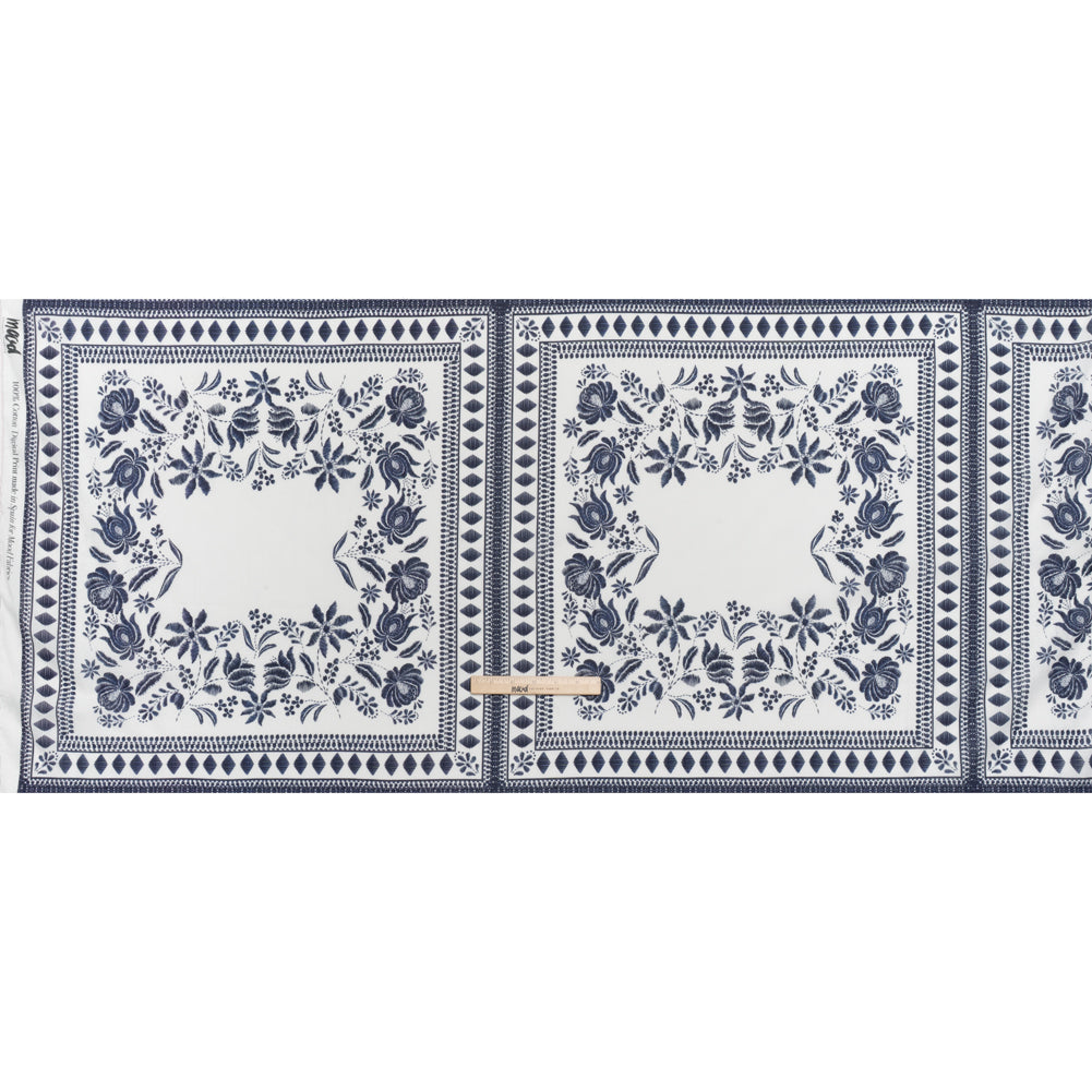 Crinkled Cotton Gauzy Woven Panel - White and Navy Blue Big Floral Embroidery Squares - Mood Exclusive Porcelain Petals Print Crinkled Cotton Gauzy Woven Panel - White and Navy Blue Big Floral Embroidery Squares - Mood Exclusive Porcelain Petals Print