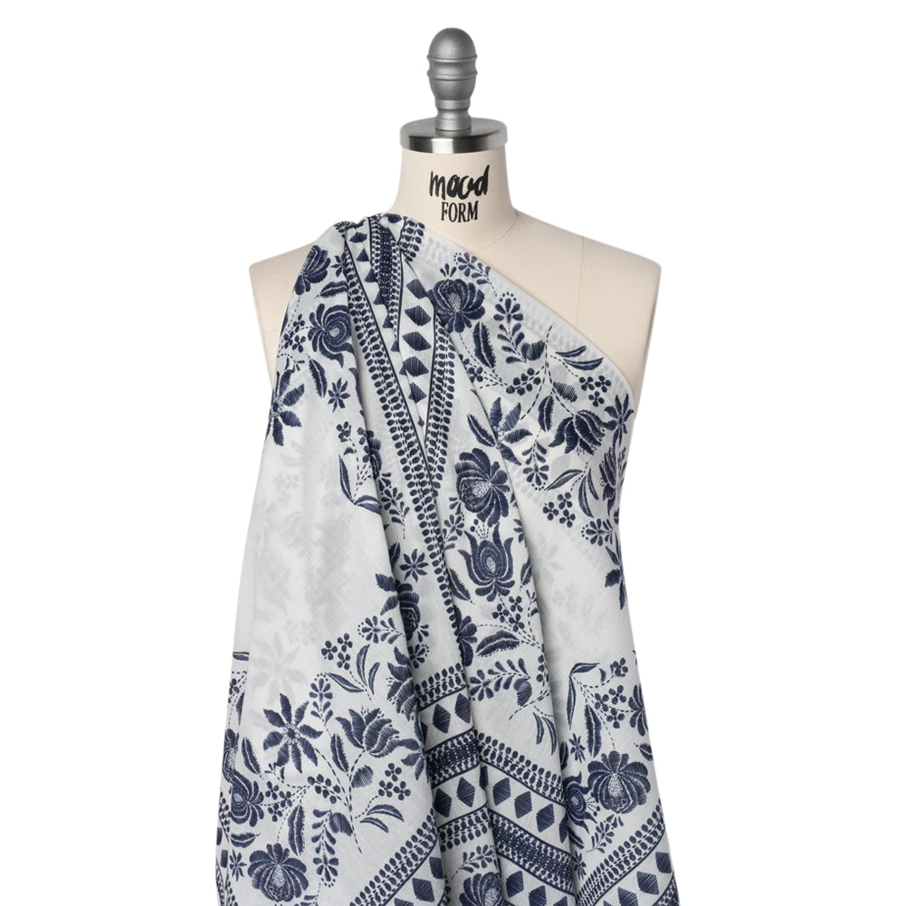 Crinkled Cotton Gauzy Woven Panel - White and Navy Blue Big Floral Embroidery Squares - Mood Exclusive Porcelain Petals Print Crinkled Cotton Gauzy Woven Panel - White and Navy Blue Big Floral Embroidery Squares - Mood Exclusive Porcelain Petals Print